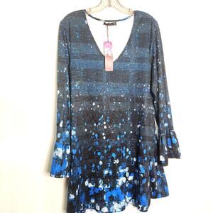 Azalea by Firmiana Blue Tunic Size XL Bell Sleeve Stretch Fabric Boho Fairy NEW